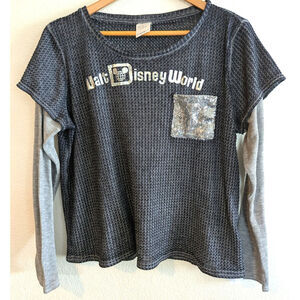 Walt Disney World Waffle Knit Layered Look Top Sequin Pocket
